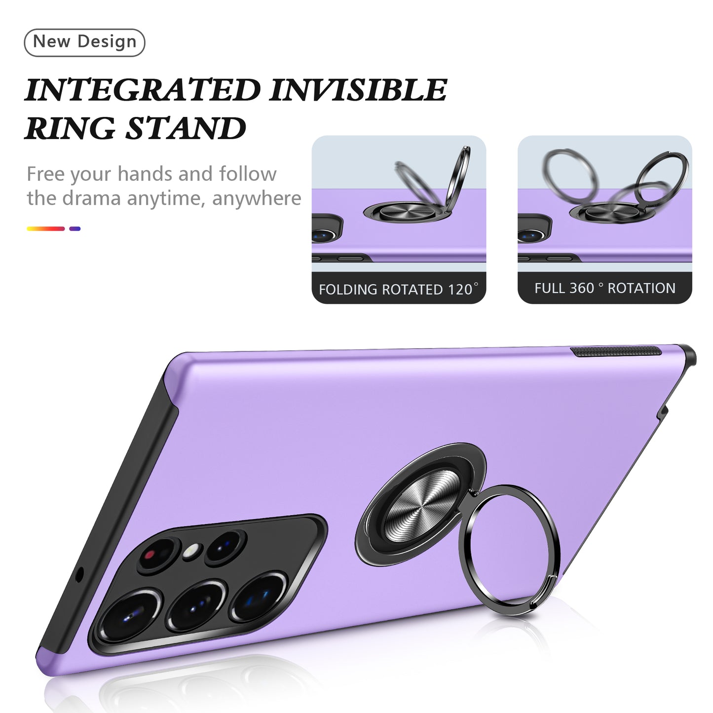For Samsung Galaxy S24 Ultra Cell Phone Case Anti-scratch Ring Kickstand Back Shell - Purple