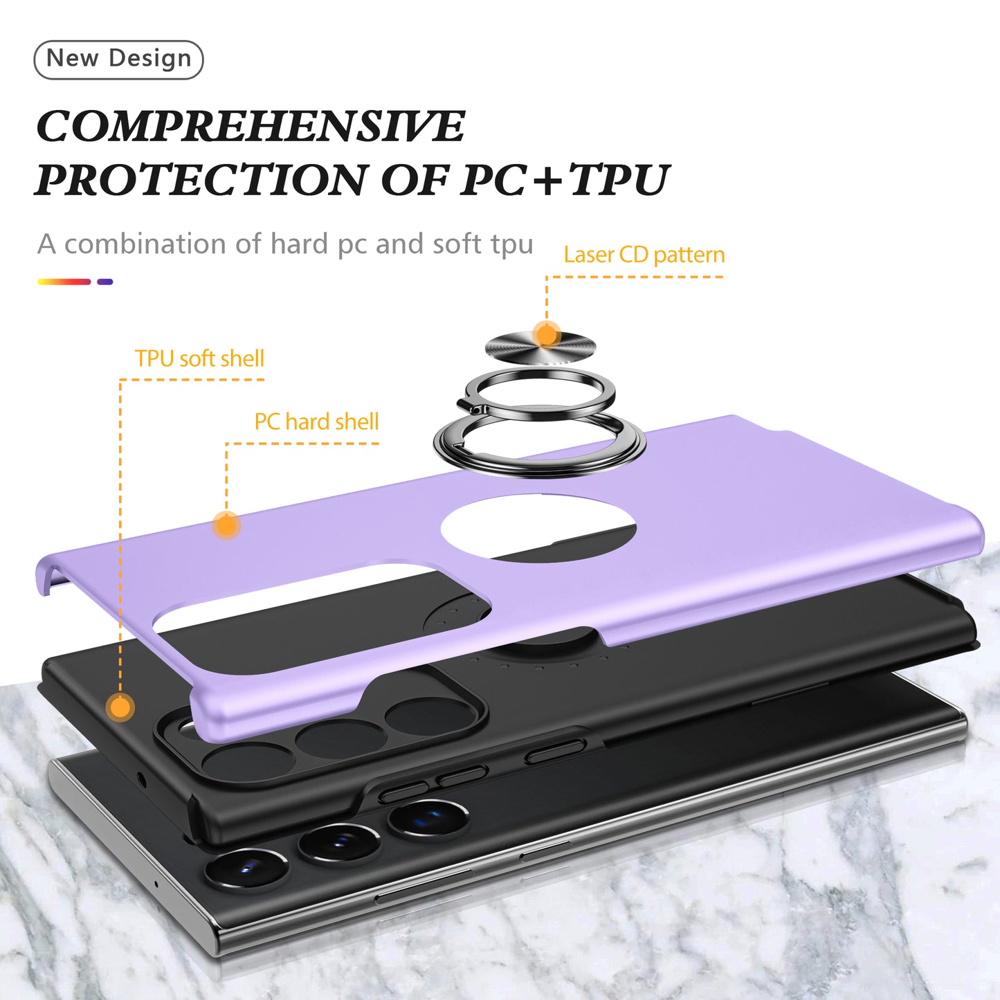For Samsung Galaxy S24 Ultra Cell Phone Case Anti-scratch Ring Kickstand Back Shell - Purple
