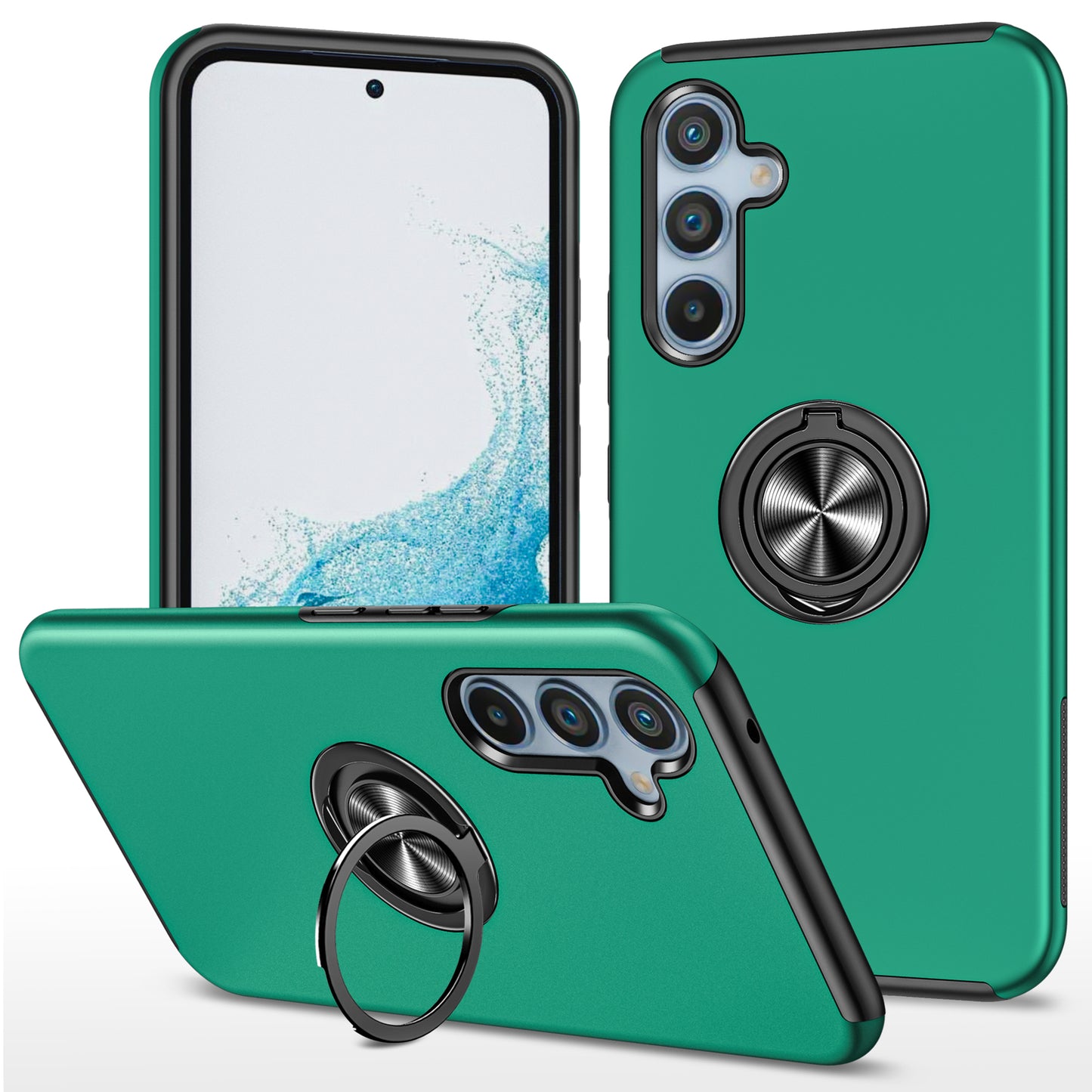 For Samsung Galaxy S24+ Phone Case Slim-Fit PC+TPU Cover with Ring Kickstand - Blackish Green