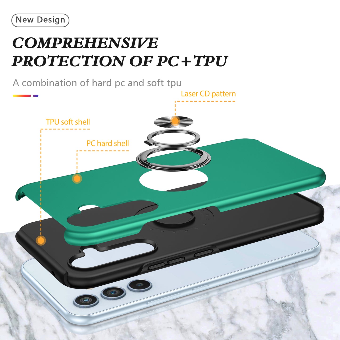 For Samsung Galaxy S24+ Phone Case Slim-Fit PC+TPU Cover with Ring Kickstand - Blackish Green