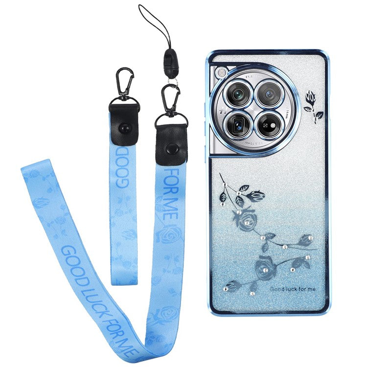 KADEM For OnePlus 12 5G Cover Flower Pattern Gradient TPU Anti-scratch Cell Phone Case with Strap - Blue