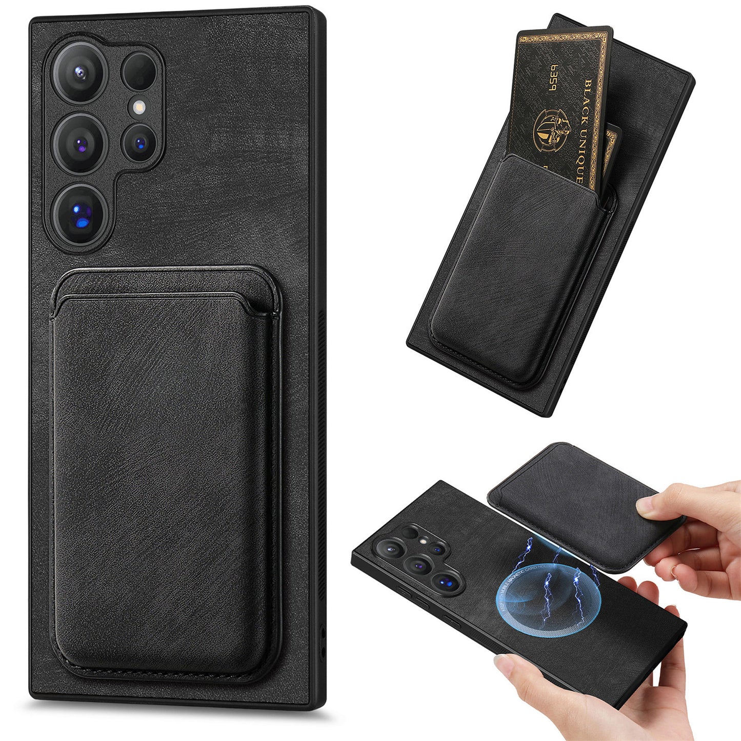 D12 For Samsung Galaxy S24 Ultra Retro Texture Detachable Magnetic Card Case Phone Cover - Black