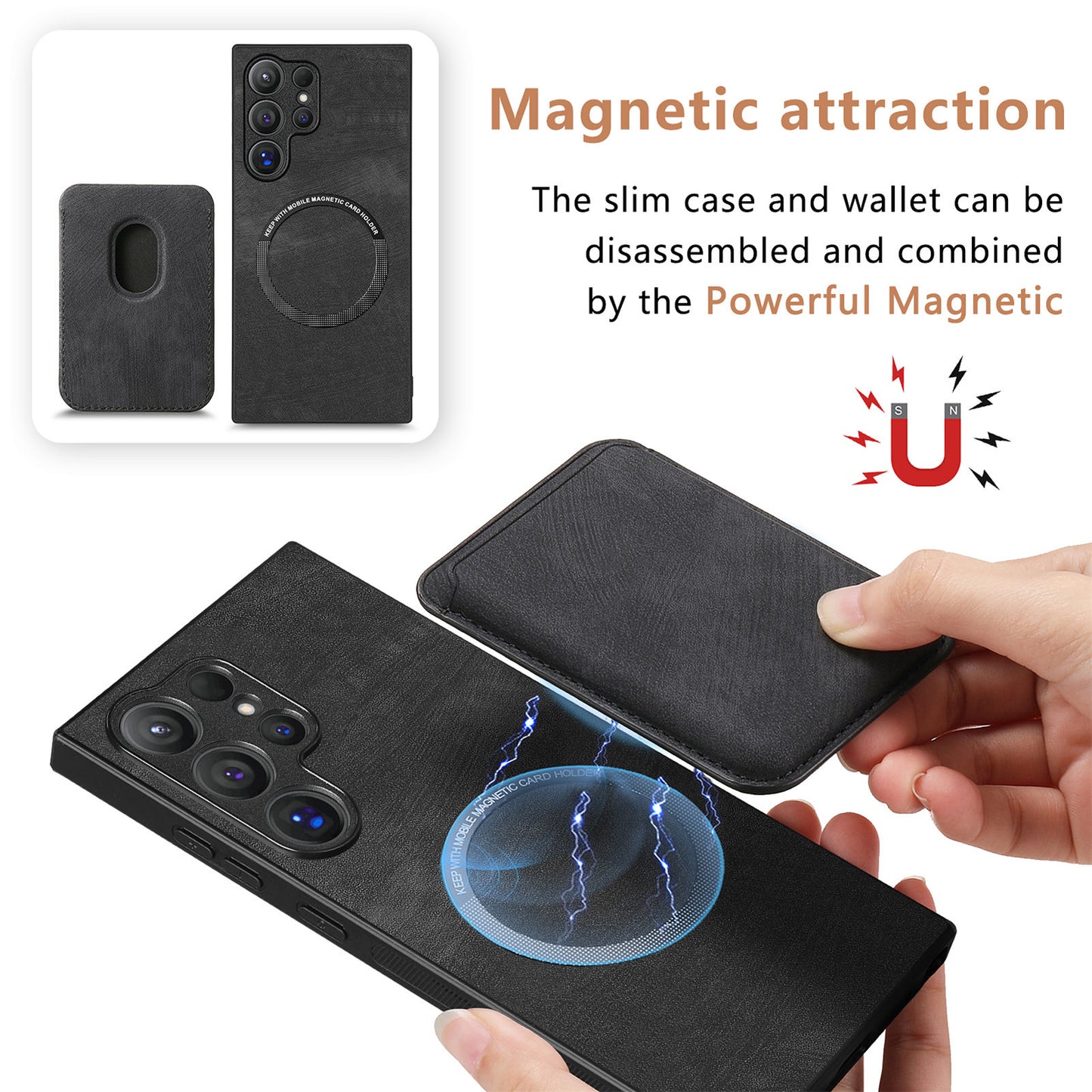 D12 For Samsung Galaxy S24 Ultra Retro Texture Detachable Magnetic Card Case Phone Cover - Black