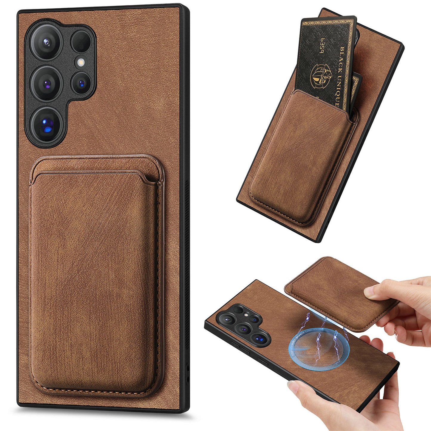 D12 For Samsung Galaxy S24 Ultra Retro Texture Detachable Magnetic Card Case Phone Cover - Brown
