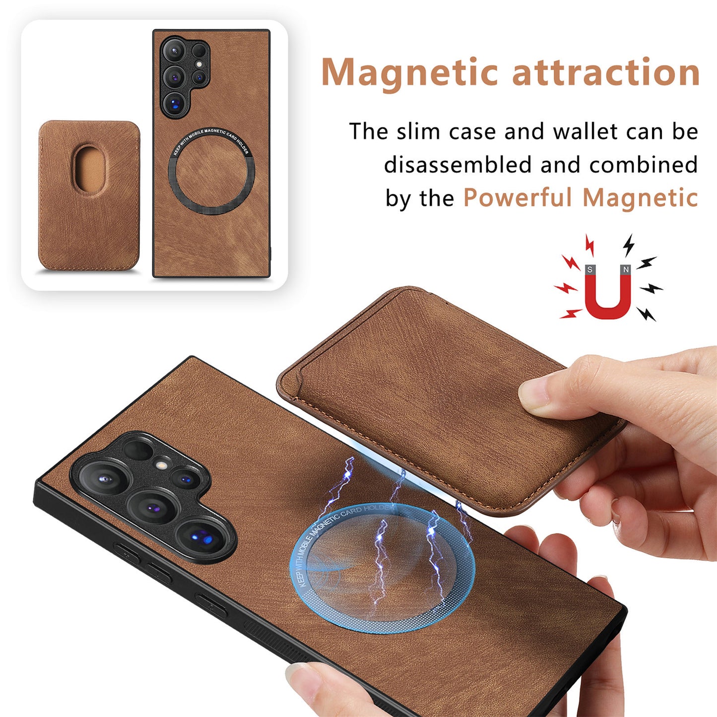 D12 For Samsung Galaxy S24 Ultra Retro Texture Detachable Magnetic Card Case Phone Cover - Brown