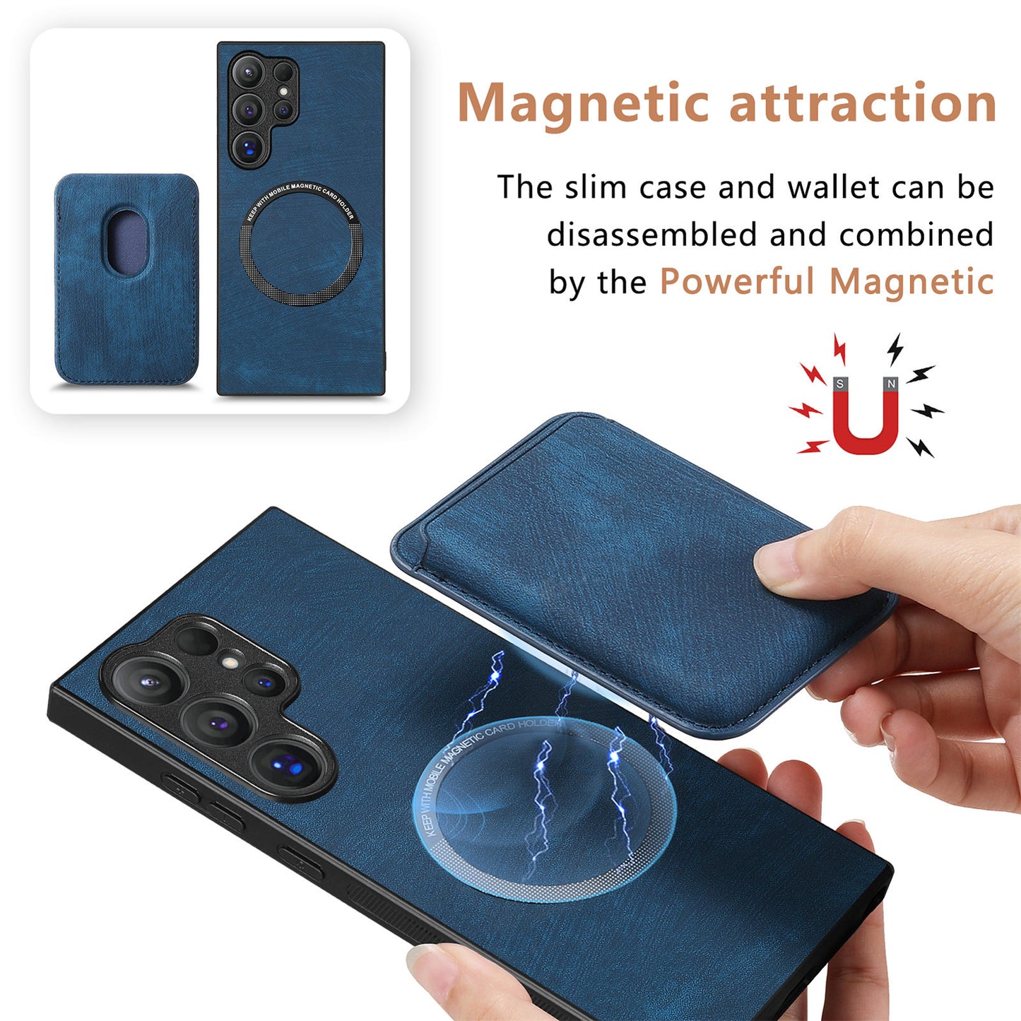 D12 For Samsung Galaxy S24 Ultra Retro Texture Detachable Magnetic Card Case Phone Cover - Blue