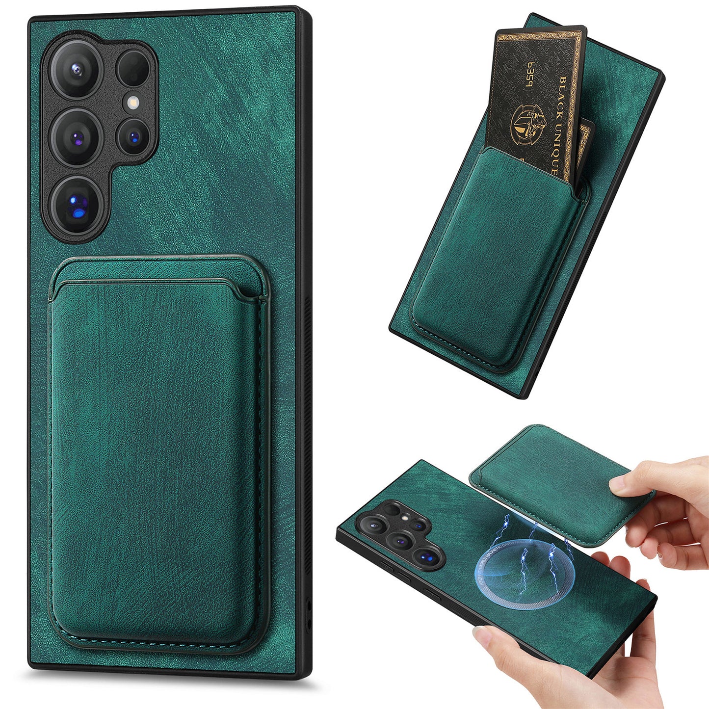 D12 For Samsung Galaxy S24 Ultra Retro Texture Detachable Magnetic Card Case Phone Cover - Green