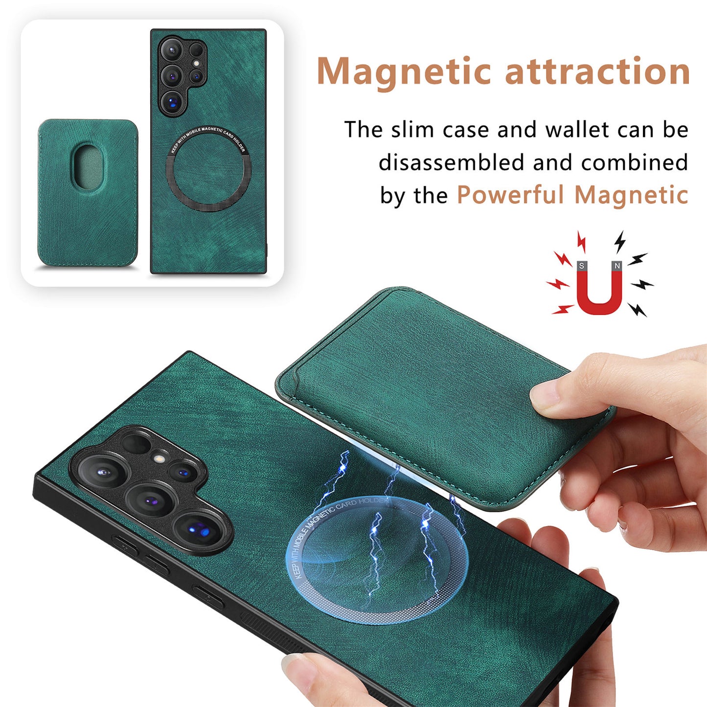 D12 For Samsung Galaxy S24 Ultra Retro Texture Detachable Magnetic Card Case Phone Cover - Green