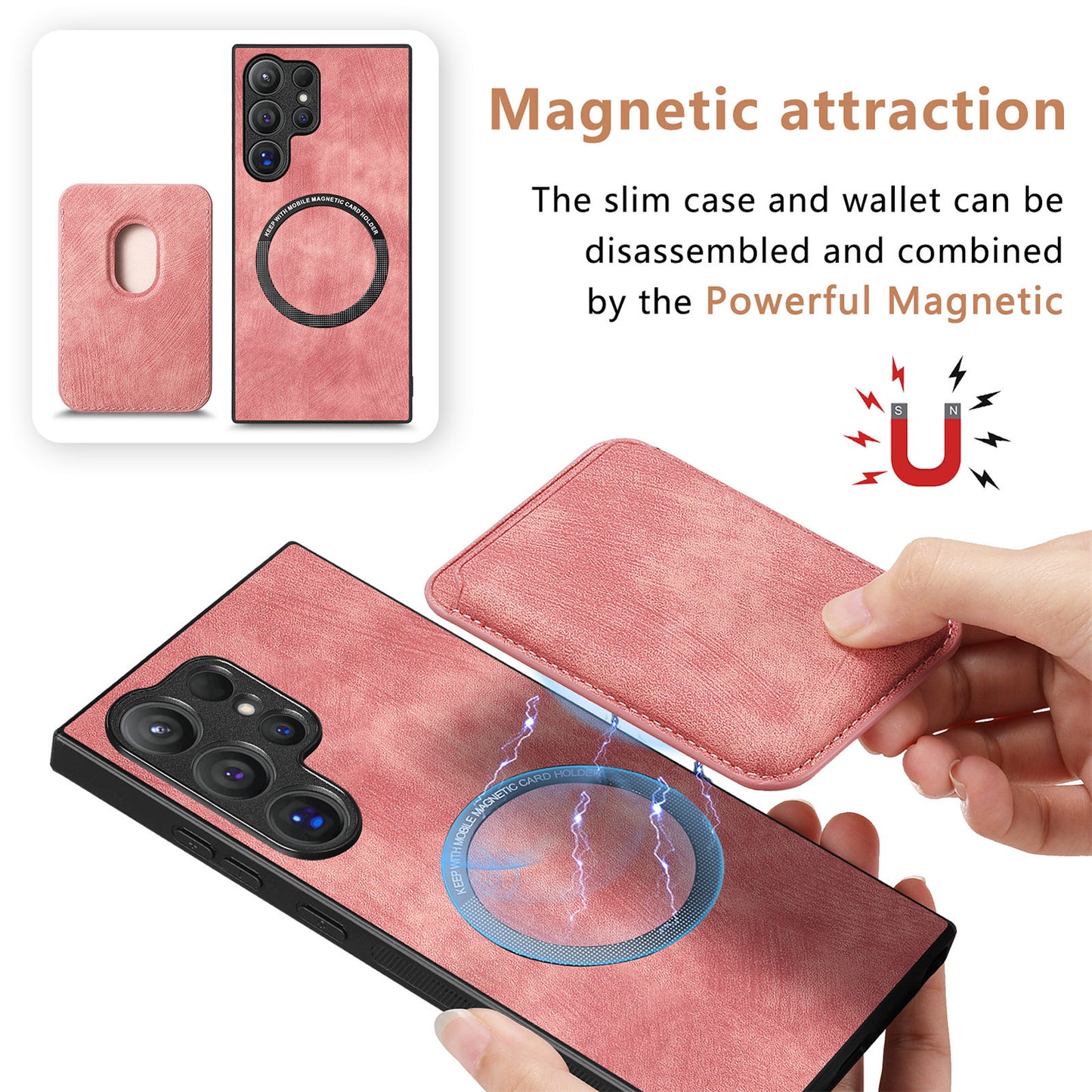 D12 For Samsung Galaxy S24 Ultra Retro Texture Detachable Magnetic Card Case Phone Cover - Pink
