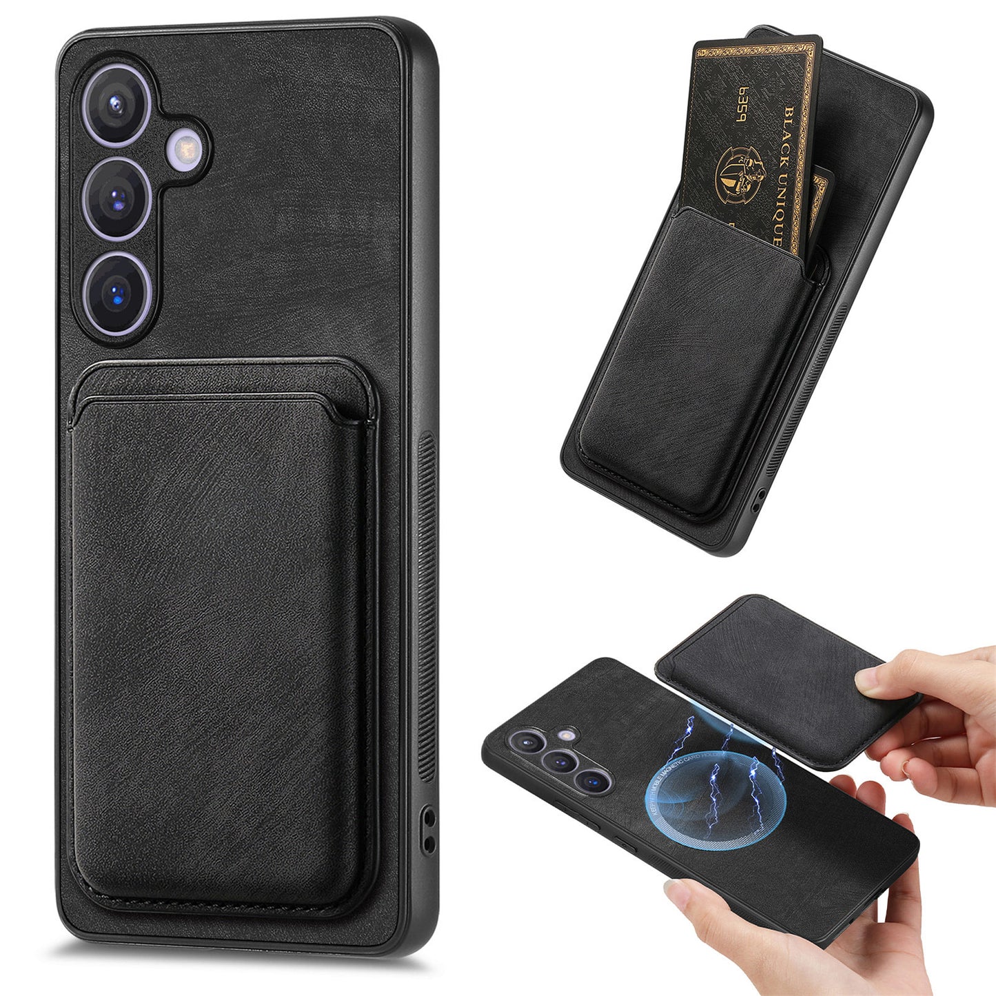 D12 For Samsung Galaxy S24+ Detachable Magnetic Card Case Fall Proof Phone Cover - Black