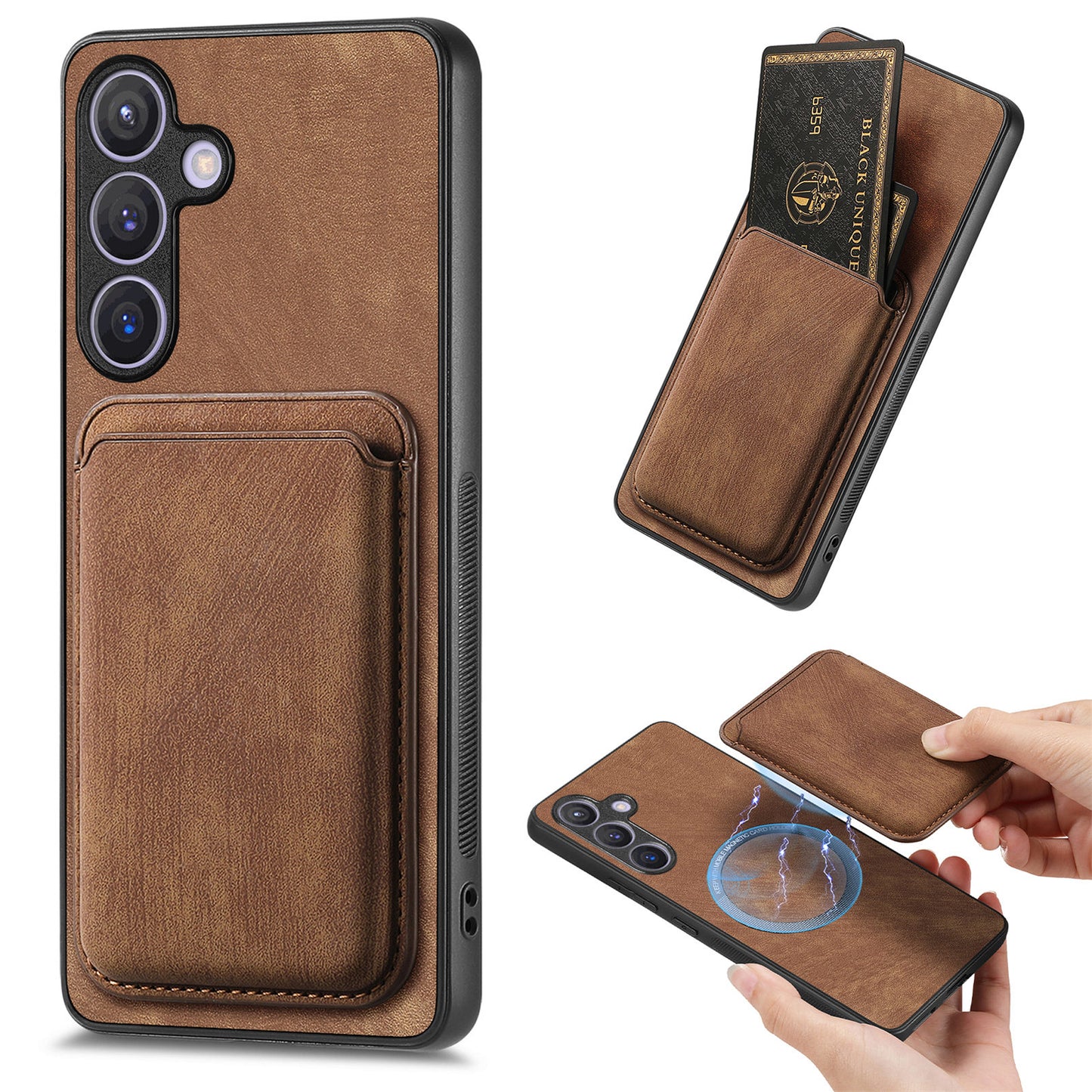 D12 For Samsung Galaxy S24+ Detachable Magnetic Card Case Fall Proof Phone Cover - Brown