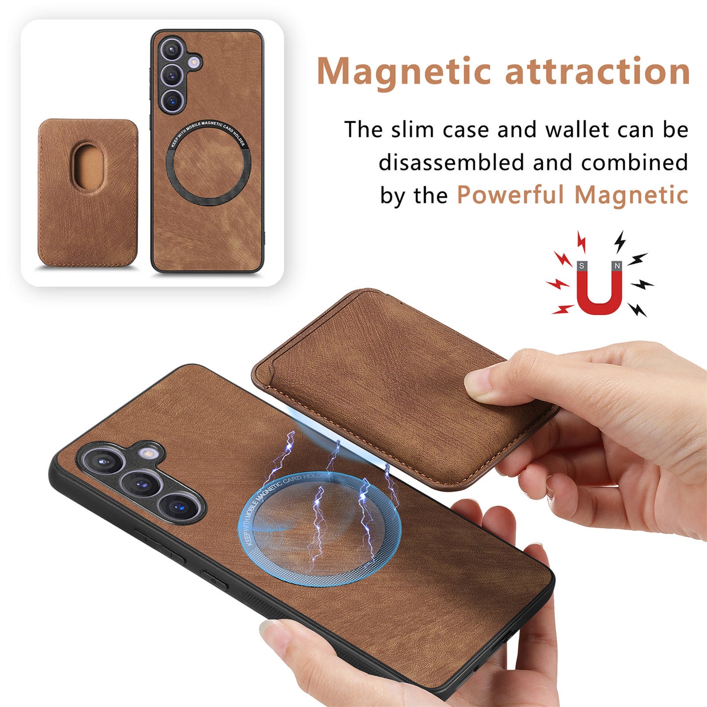 D12 For Samsung Galaxy S24+ Detachable Magnetic Card Case Fall Proof Phone Cover - Brown