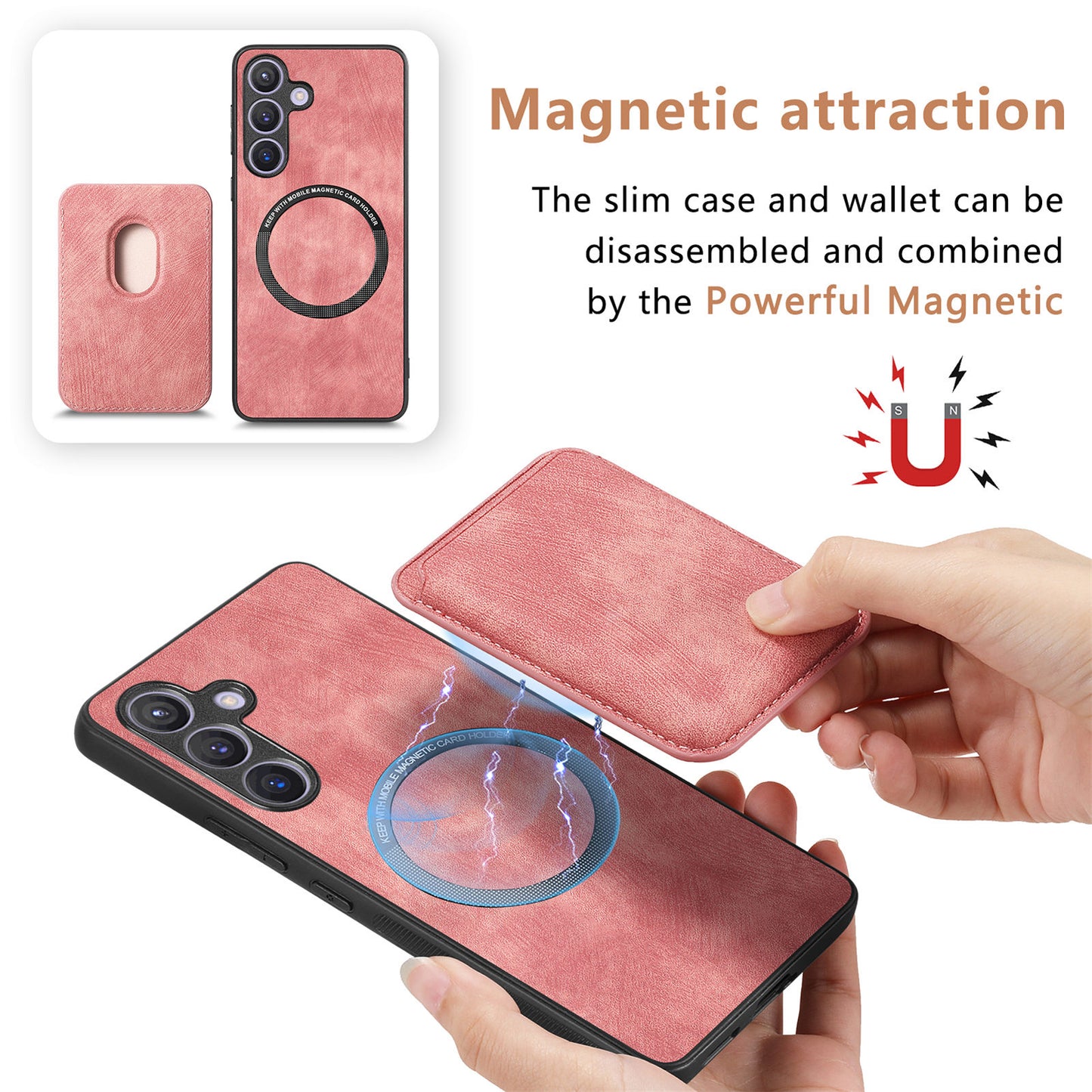 D12 For Samsung Galaxy S24+ Detachable Magnetic Card Case Fall Proof Phone Cover - Pink