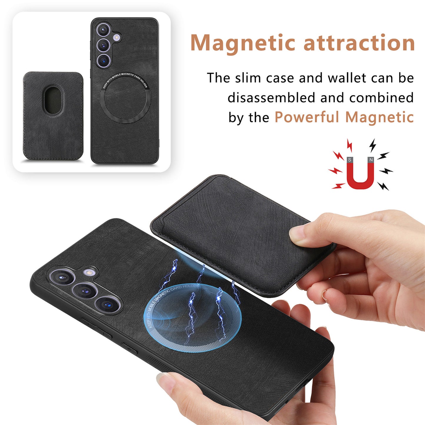 D12 For Samsung Galaxy S24 Bump Proof Phone Cover with Detachable Magnetic Card Case - Black