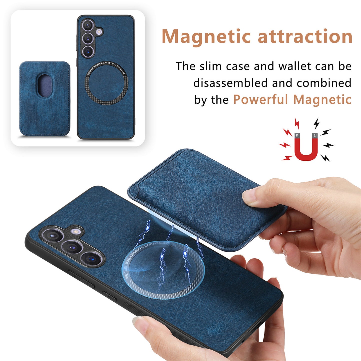 D12 For Samsung Galaxy S24 Bump Proof Phone Cover with Detachable Magnetic Card Case - Blue