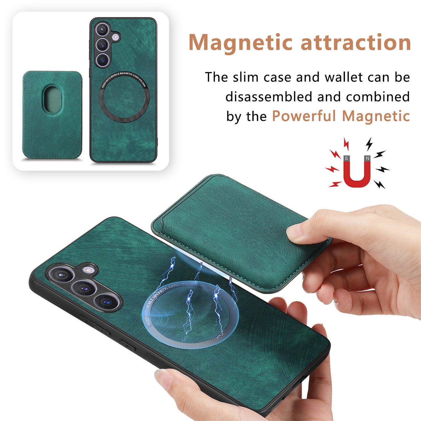D12 For Samsung Galaxy S24 Bump Proof Phone Cover with Detachable Magnetic Card Case - Green