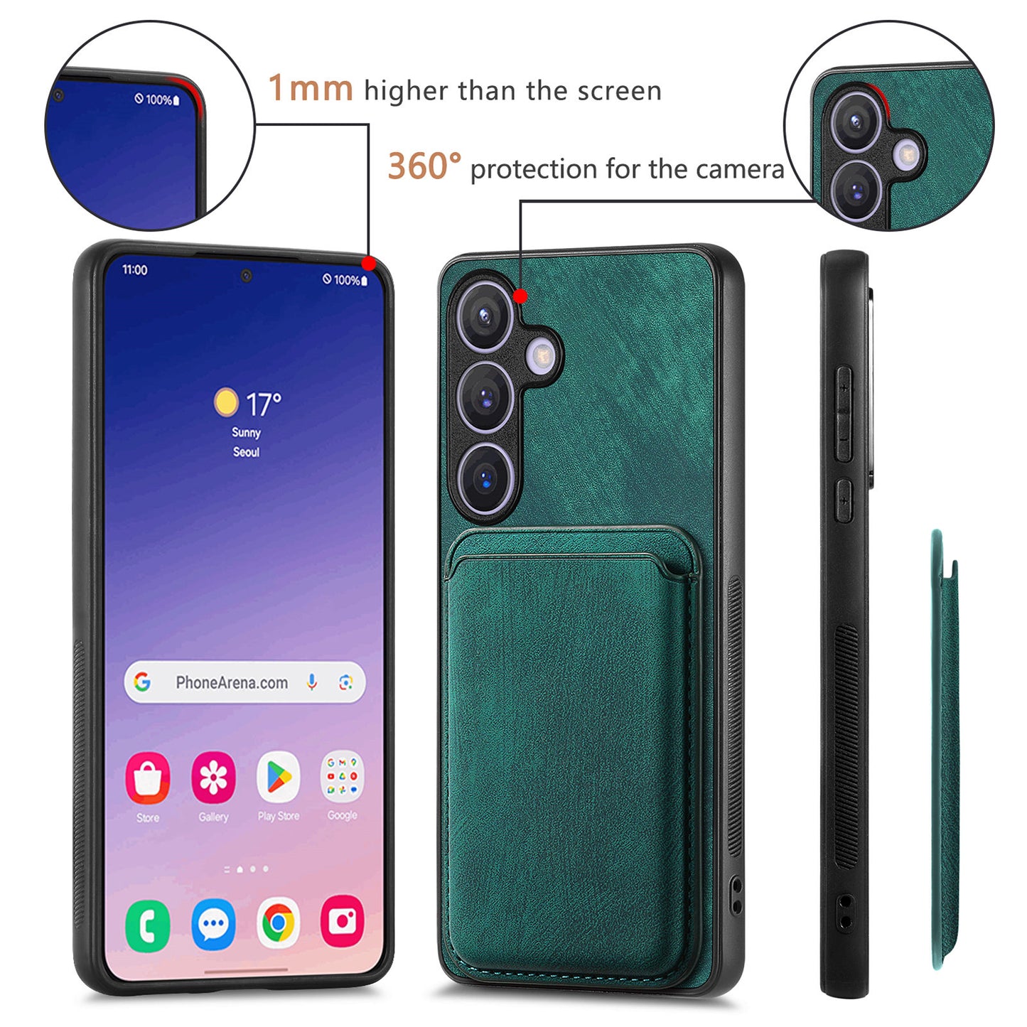 D12 For Samsung Galaxy S24 Bump Proof Phone Cover with Detachable Magnetic Card Case - Green