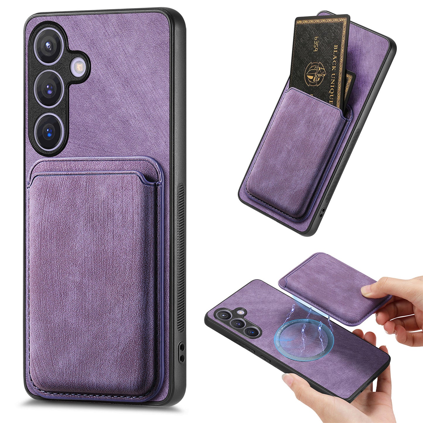 D12 For Samsung Galaxy S24 Bump Proof Phone Cover with Detachable Magnetic Card Case - Purple