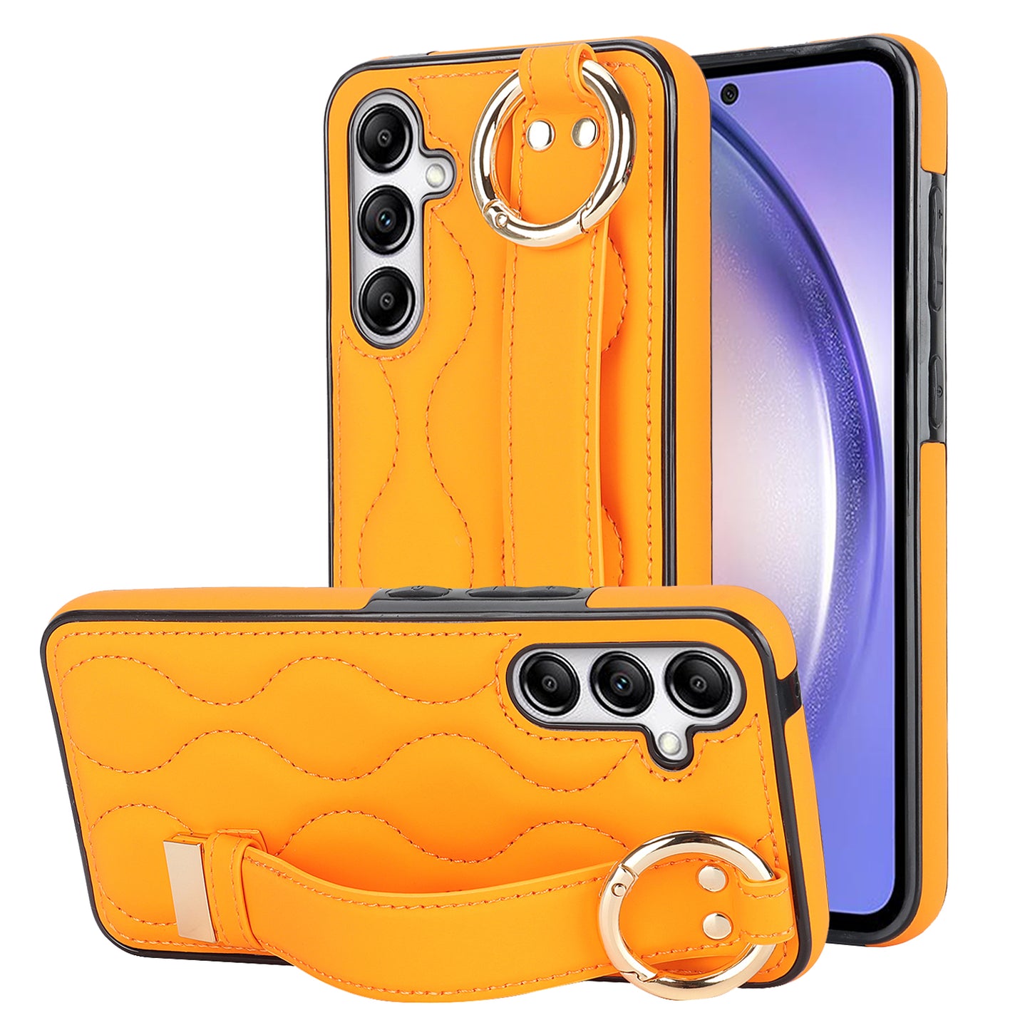 For Samsung Galaxy S24 Case Wave Pattern PU Leather+TPU Wristband Kickstand Phone Cover - Orange