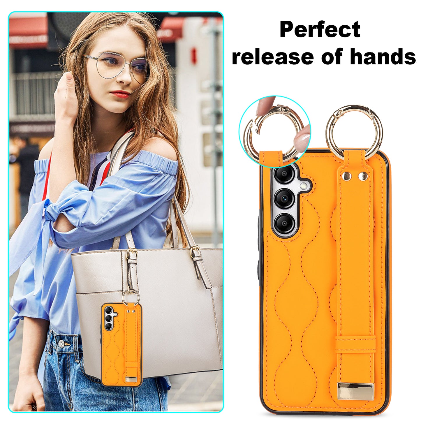 For Samsung Galaxy S24 Case Wave Pattern PU Leather+TPU Wristband Kickstand Phone Cover - Orange