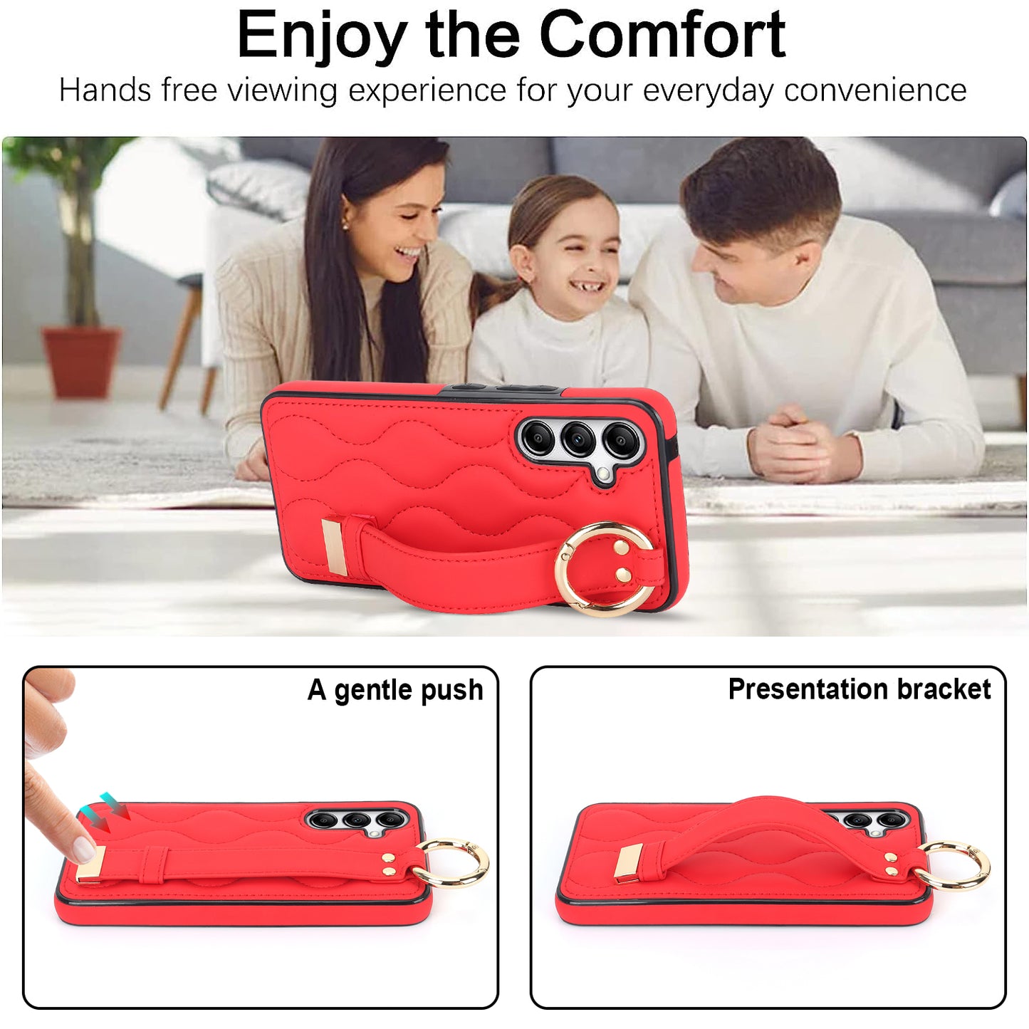 For Samsung Galaxy S24 Case Wave Pattern PU Leather+TPU Wristband Kickstand Phone Cover - Red