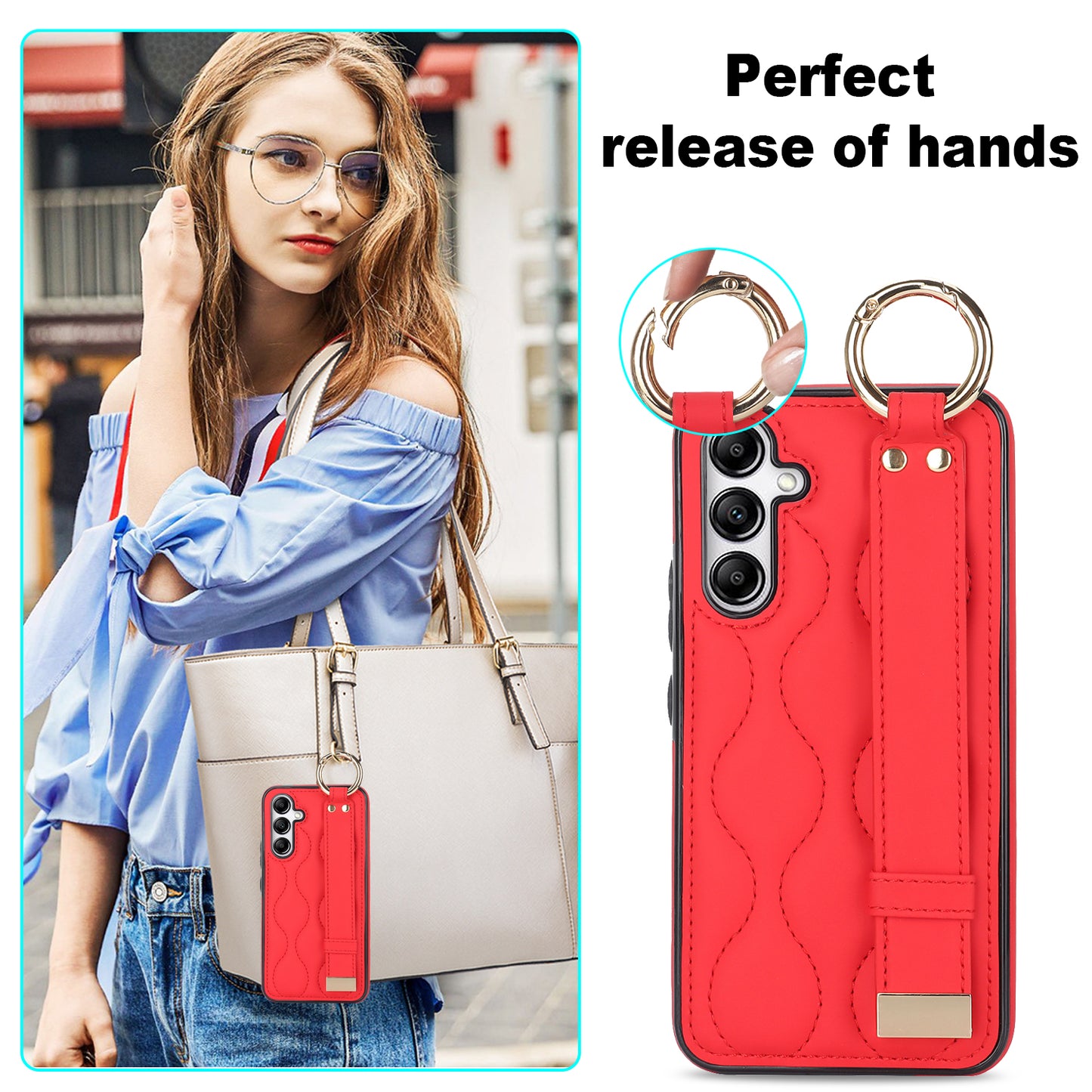 For Samsung Galaxy S24 Case Wave Pattern PU Leather+TPU Wristband Kickstand Phone Cover - Red