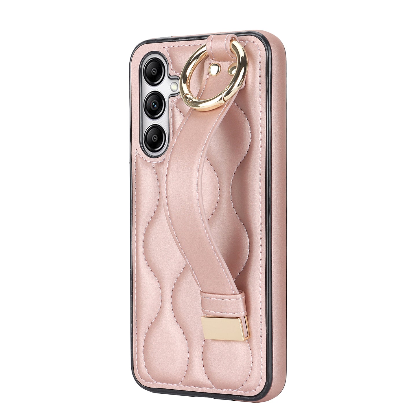 For Samsung Galaxy S24 Case Wave Pattern PU Leather+TPU Wristband Kickstand Phone Cover - Rose Gold