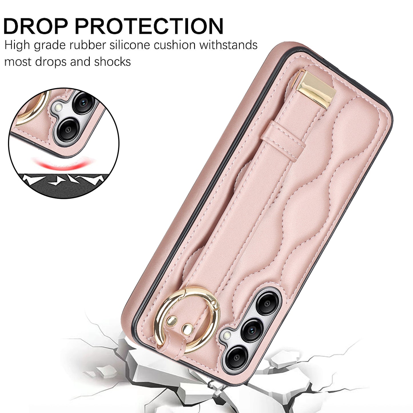 For Samsung Galaxy S24 Case Wave Pattern PU Leather+TPU Wristband Kickstand Phone Cover - Rose Gold
