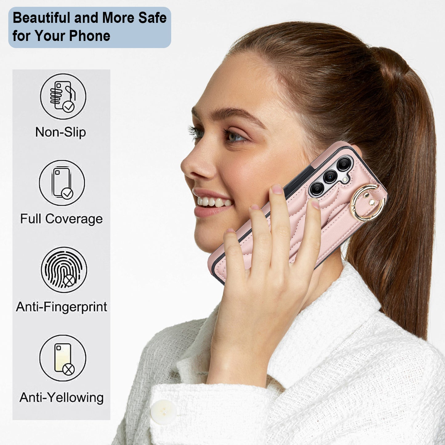 For Samsung Galaxy S24 Case Wave Pattern PU Leather+TPU Wristband Kickstand Phone Cover - Rose Gold