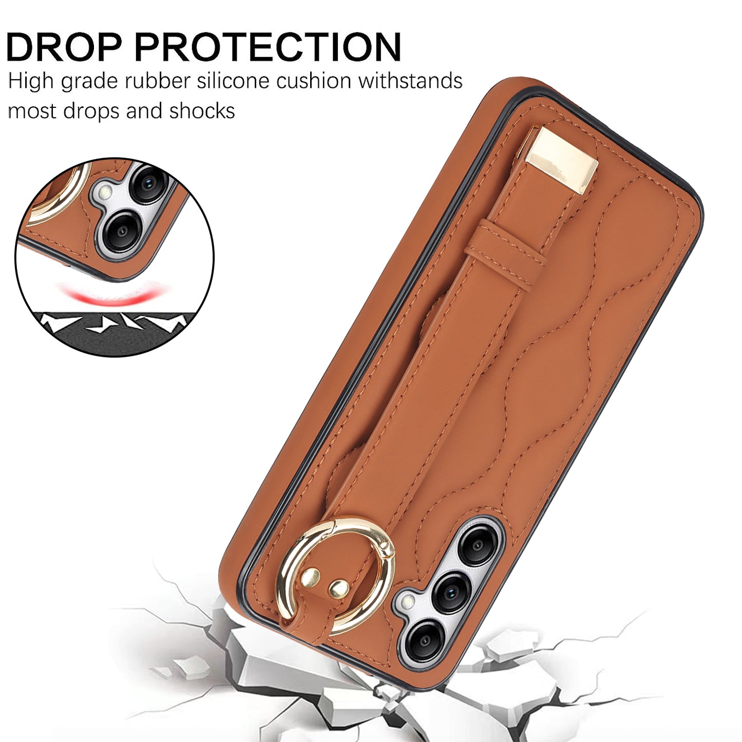 For Samsung Galaxy S24 Case Wave Pattern PU Leather+TPU Wristband Kickstand Phone Cover - Brown