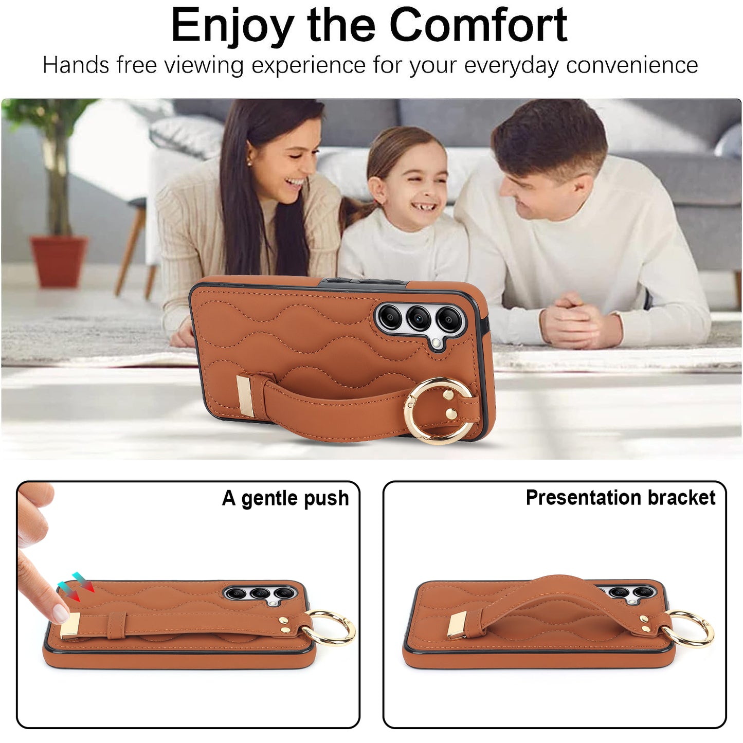 For Samsung Galaxy S24 Case Wave Pattern PU Leather+TPU Wristband Kickstand Phone Cover - Brown