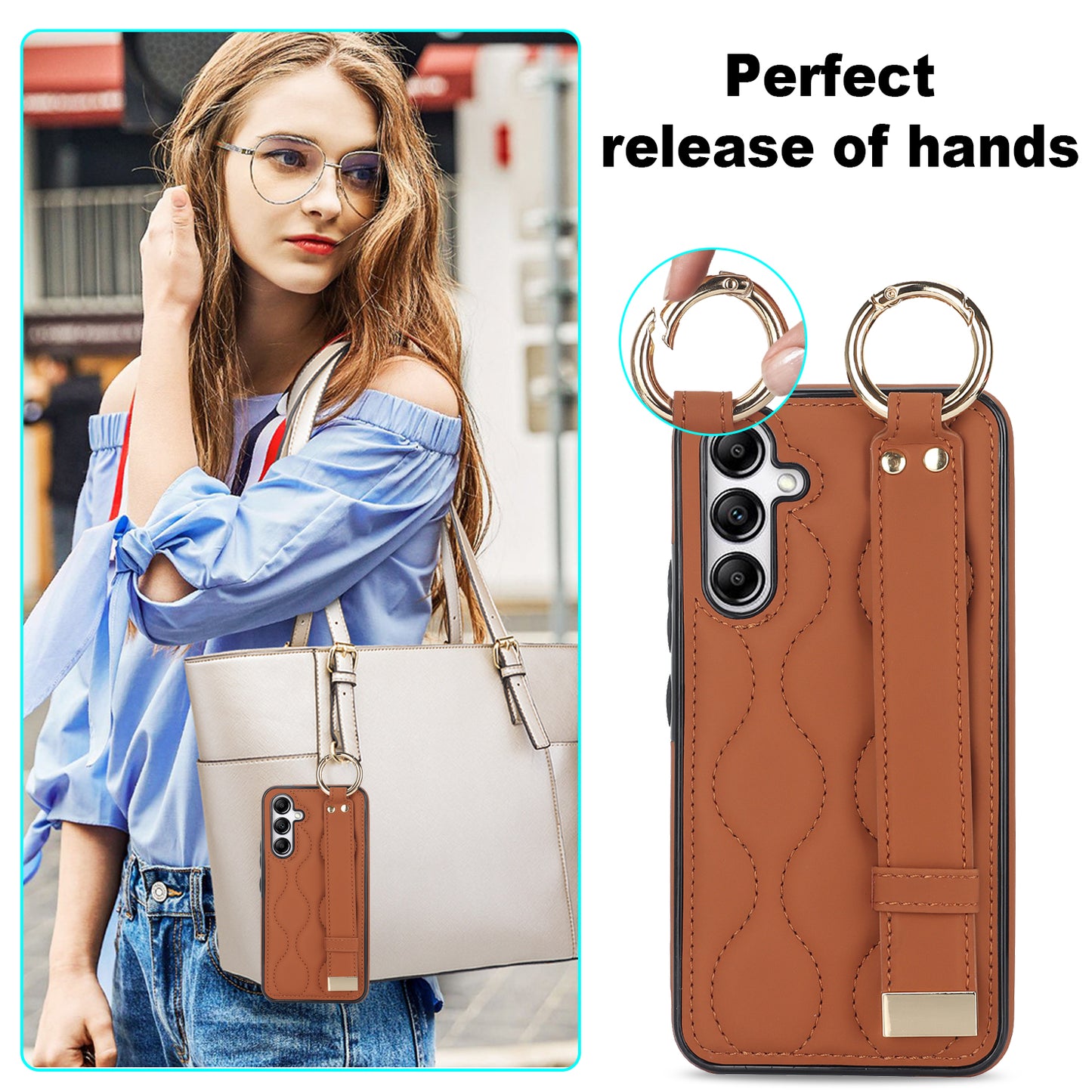 For Samsung Galaxy S24 Case Wave Pattern PU Leather+TPU Wristband Kickstand Phone Cover - Brown