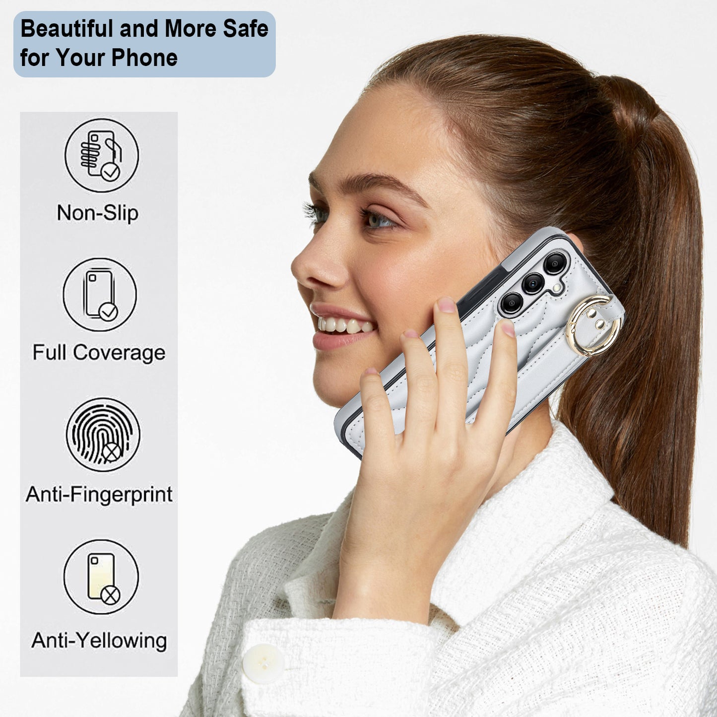 For Samsung Galaxy S24 Case Wave Pattern PU Leather+TPU Wristband Kickstand Phone Cover - Silver