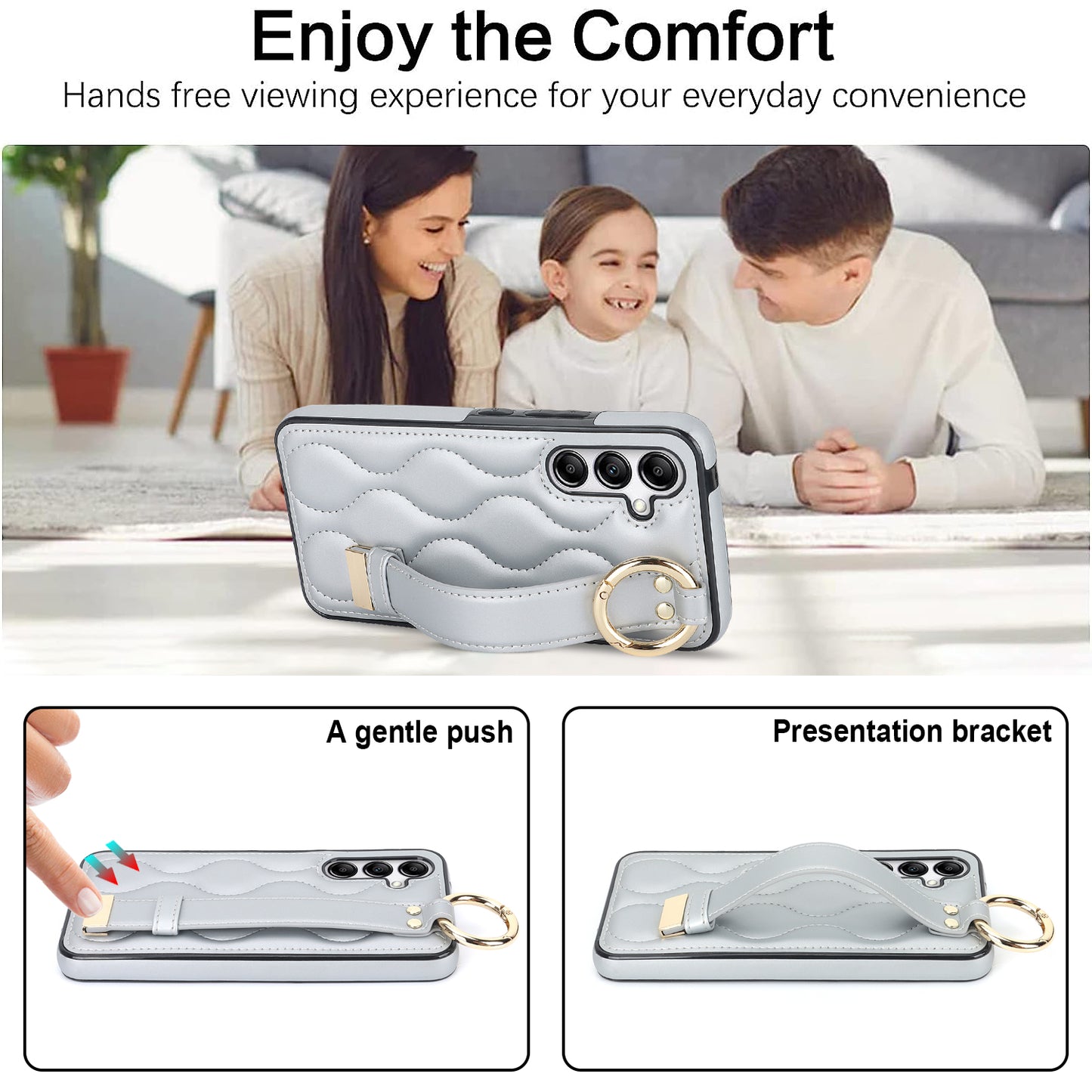 For Samsung Galaxy S24 Case Wave Pattern PU Leather+TPU Wristband Kickstand Phone Cover - Silver