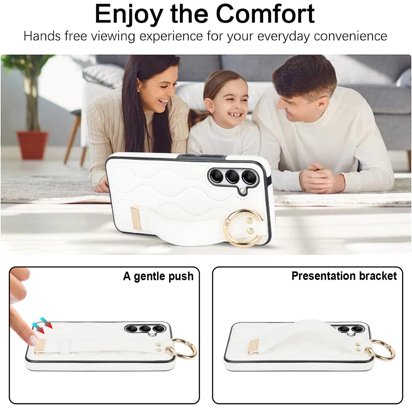 For Samsung Galaxy S24 Case Wave Pattern PU Leather+TPU Wristband Kickstand Phone Cover - White