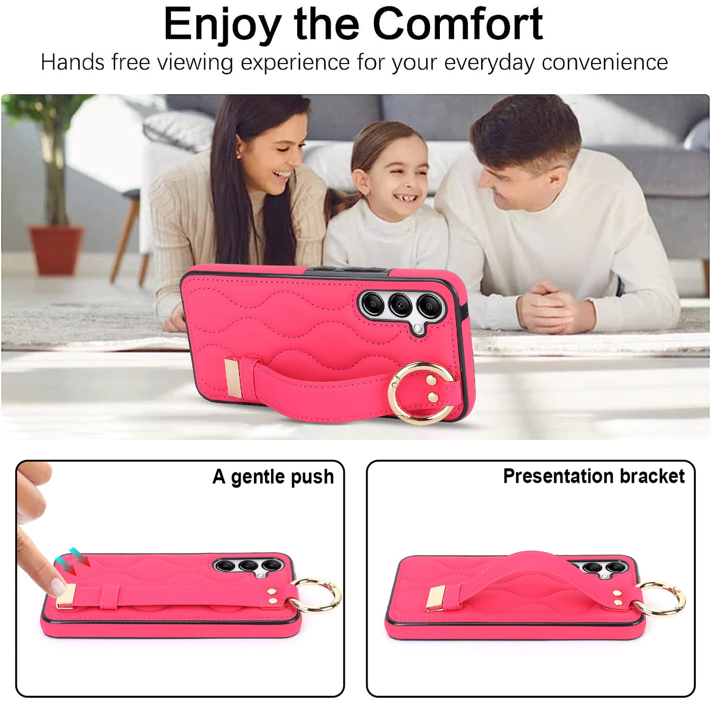 For Samsung Galaxy S24 Case Wave Pattern PU Leather+TPU Wristband Kickstand Phone Cover - Rose