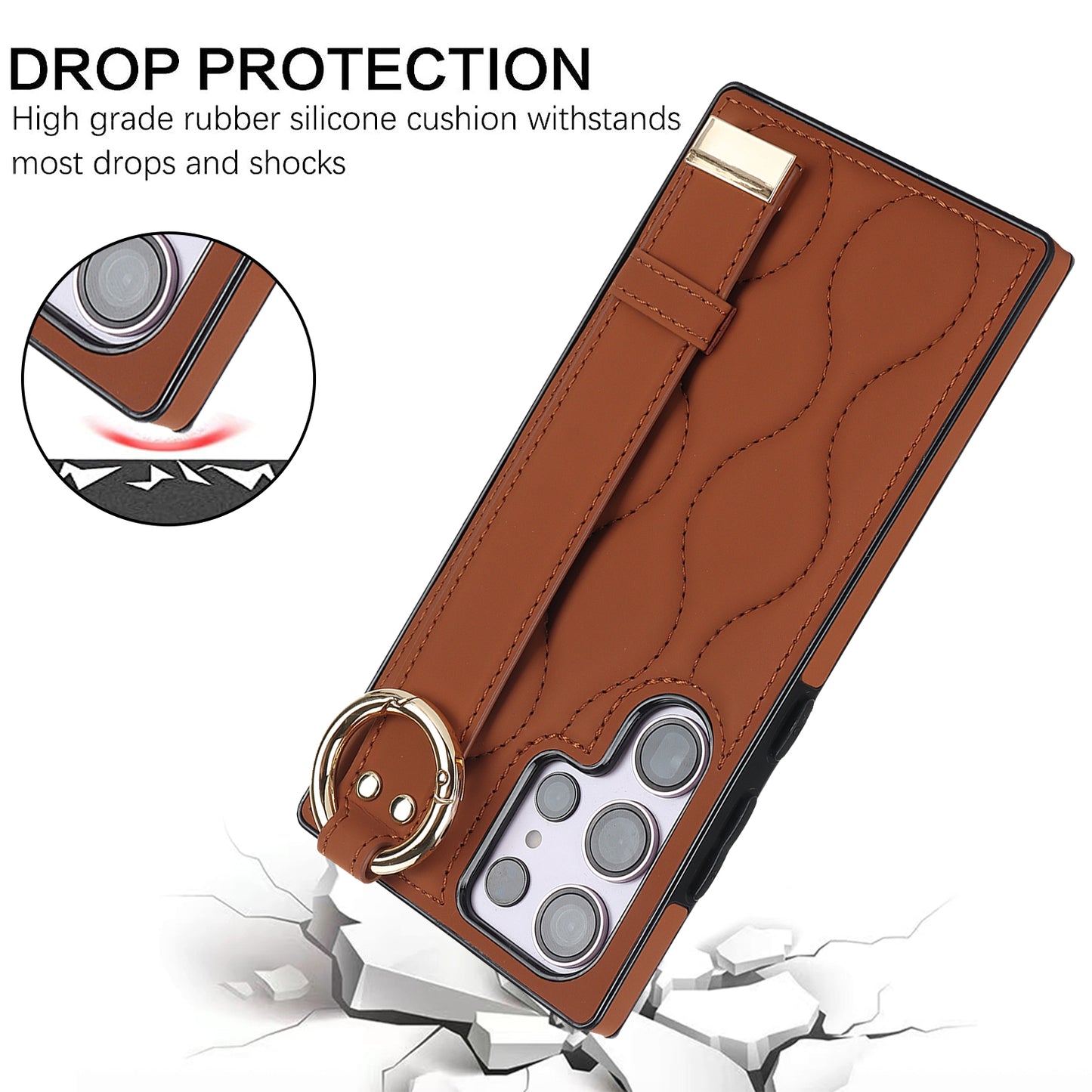 For Samsung Galaxy S24 Ultra Case Stylish Wave Pattern Leather+TPU Phone Cover with Kickstand - Brown