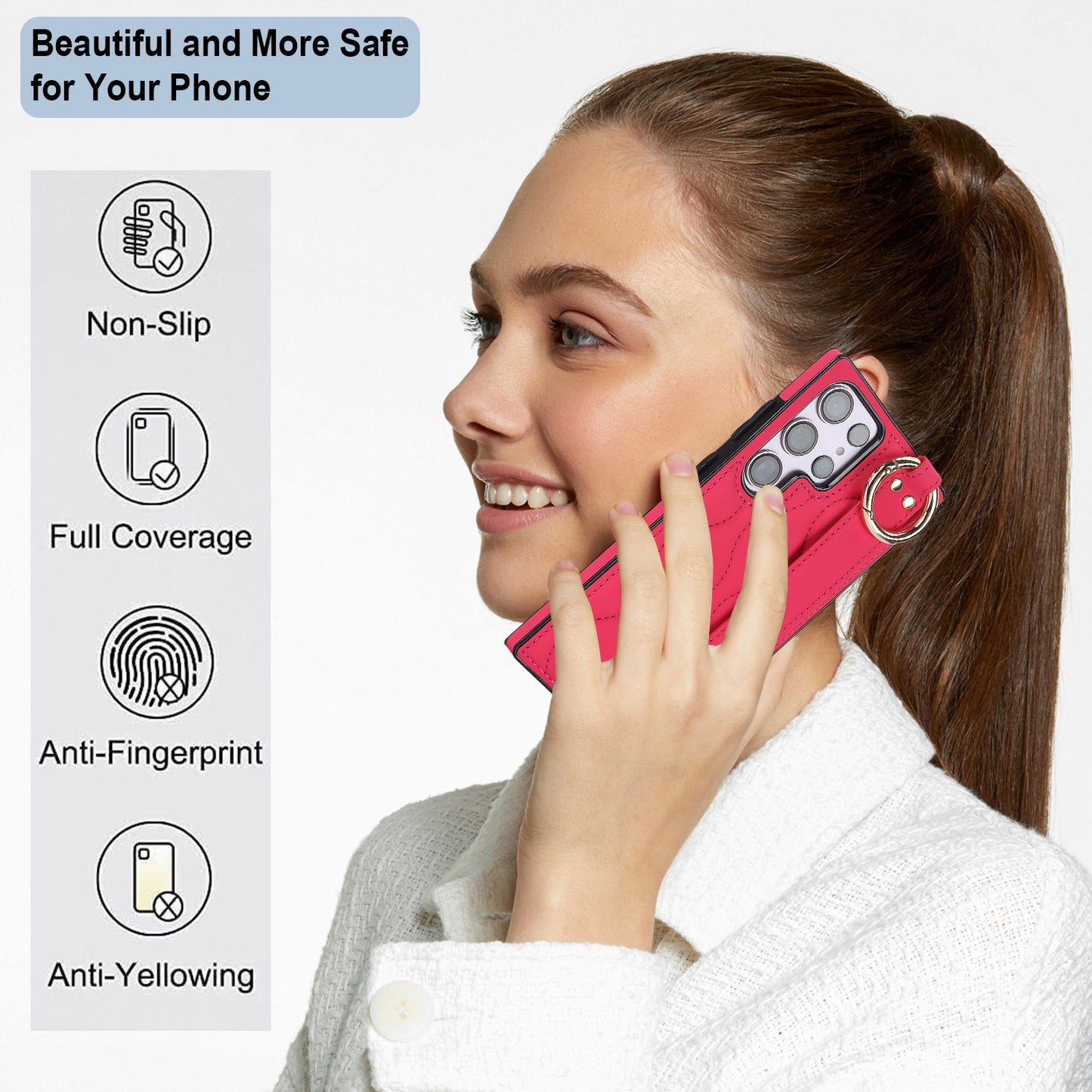 For Samsung Galaxy S24 Ultra Case Stylish Wave Pattern Leather+TPU Phone Cover with Kickstand - Rose