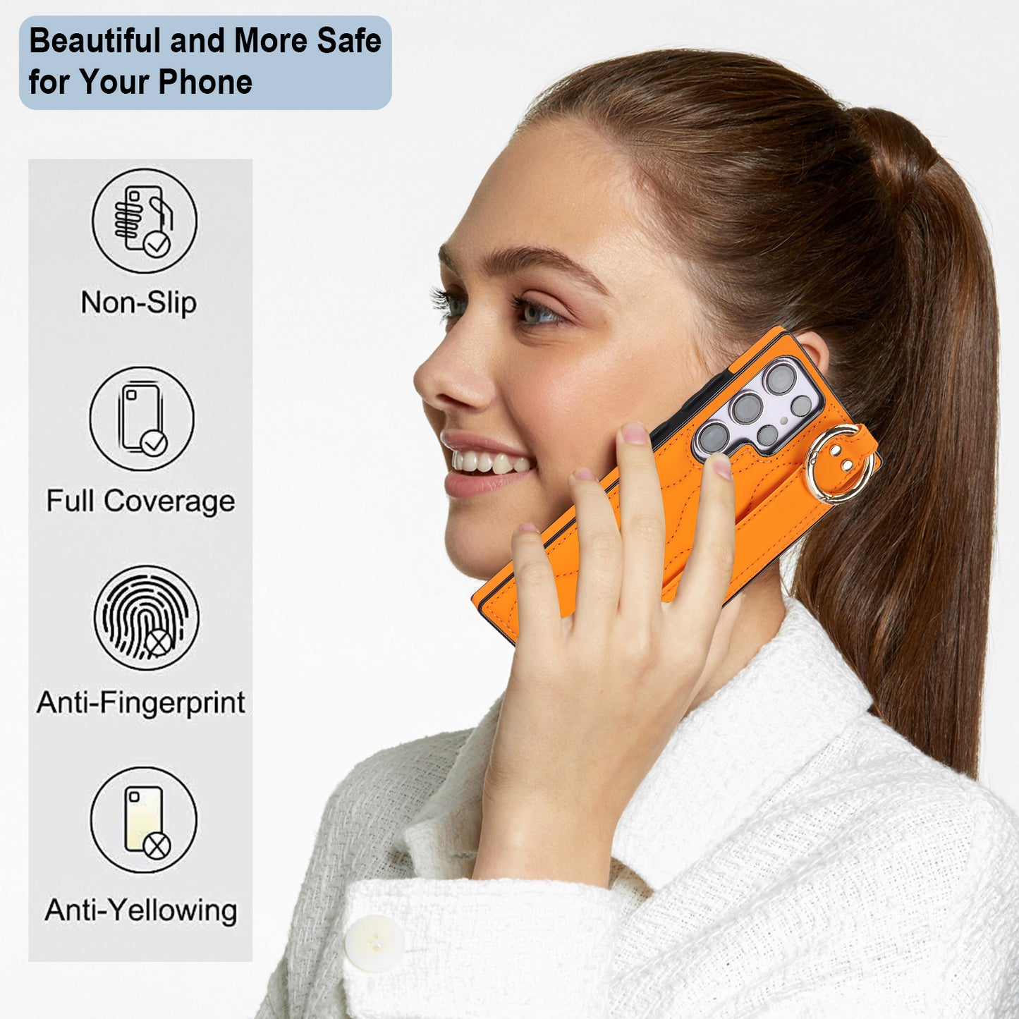 For Samsung Galaxy S24 Ultra Case Stylish Wave Pattern Leather+TPU Phone Cover with Kickstand - Orange