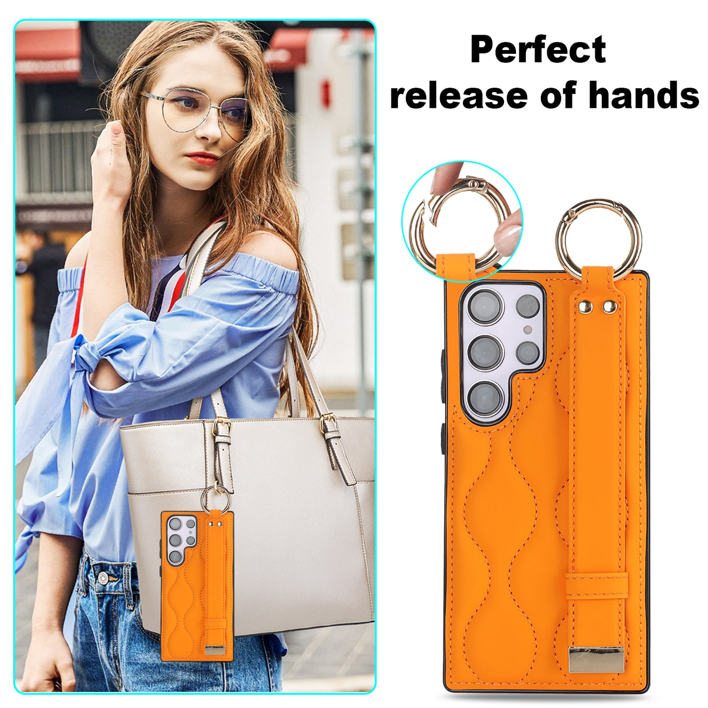 For Samsung Galaxy S24 Ultra Case Stylish Wave Pattern Leather+TPU Phone Cover with Kickstand - Orange