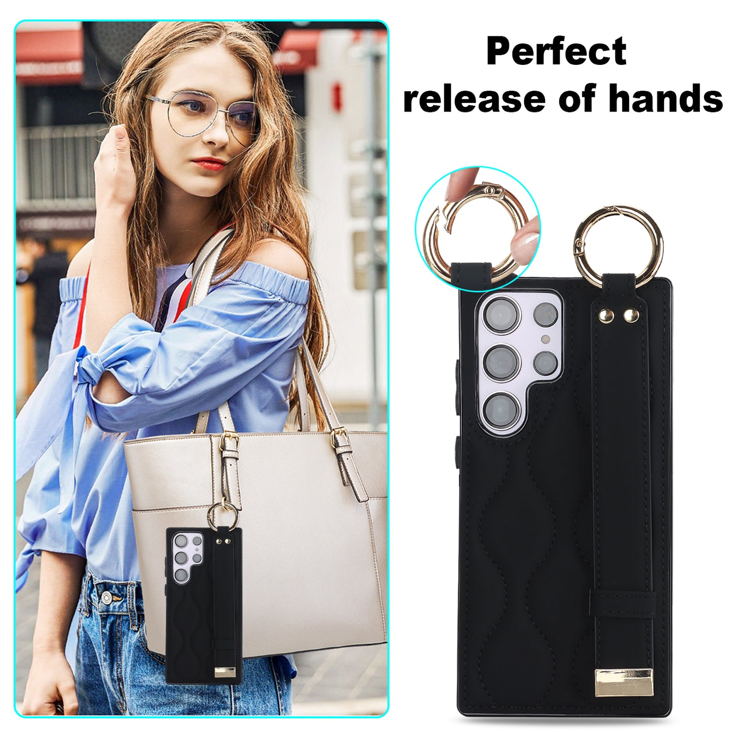 For Samsung Galaxy S24 Ultra Case Stylish Wave Pattern Leather+TPU Phone Cover with Kickstand - Black