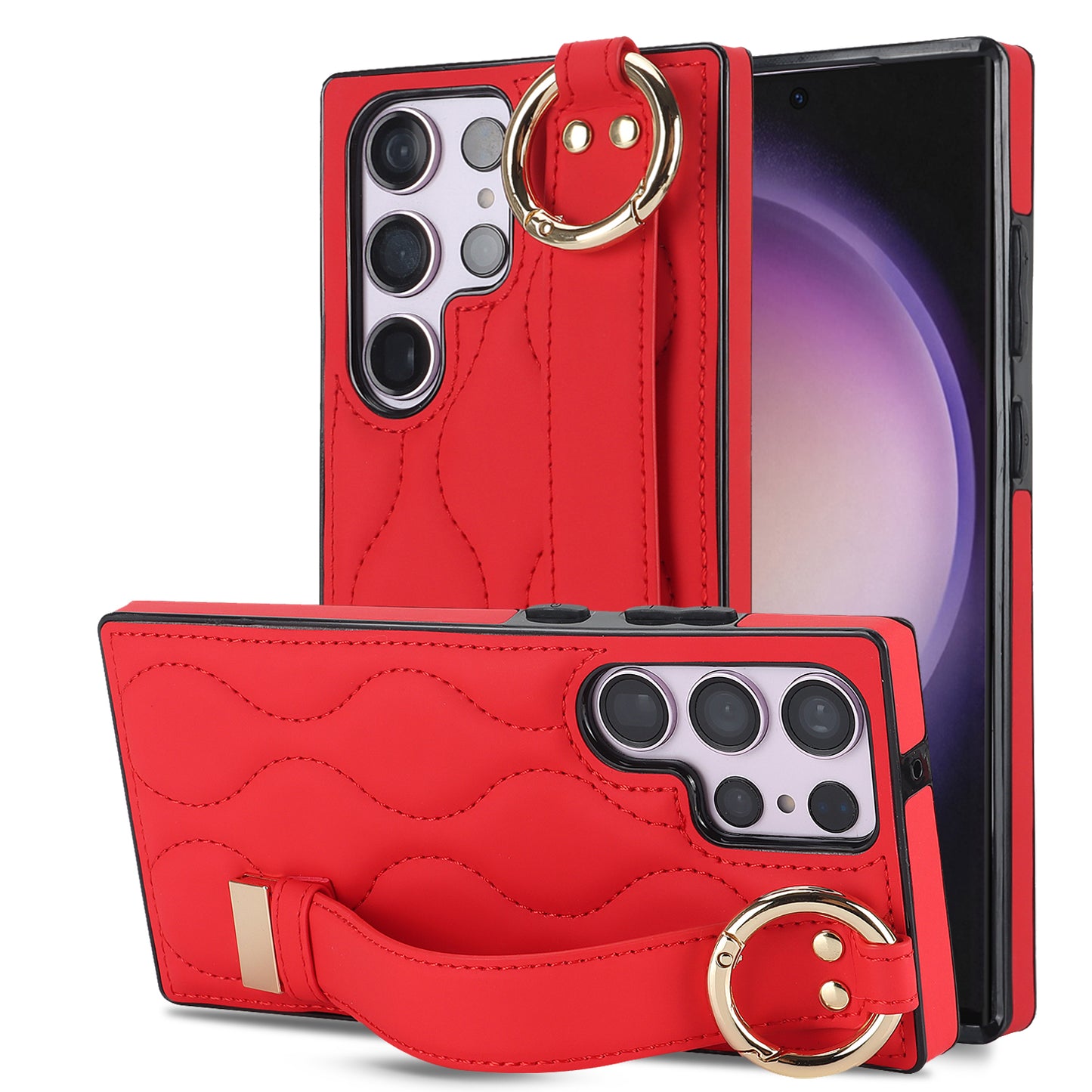 For Samsung Galaxy S24 Ultra Case Stylish Wave Pattern Leather+TPU Phone Cover with Kickstand - Red
