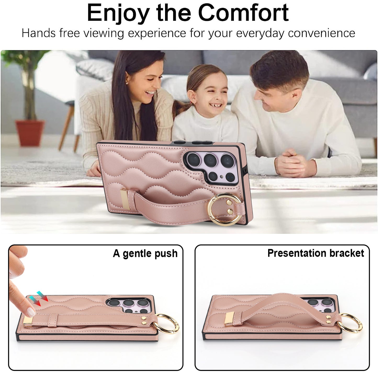 For Samsung Galaxy S24 Ultra Case Stylish Wave Pattern Leather+TPU Phone Cover with Kickstand - Rose Gold