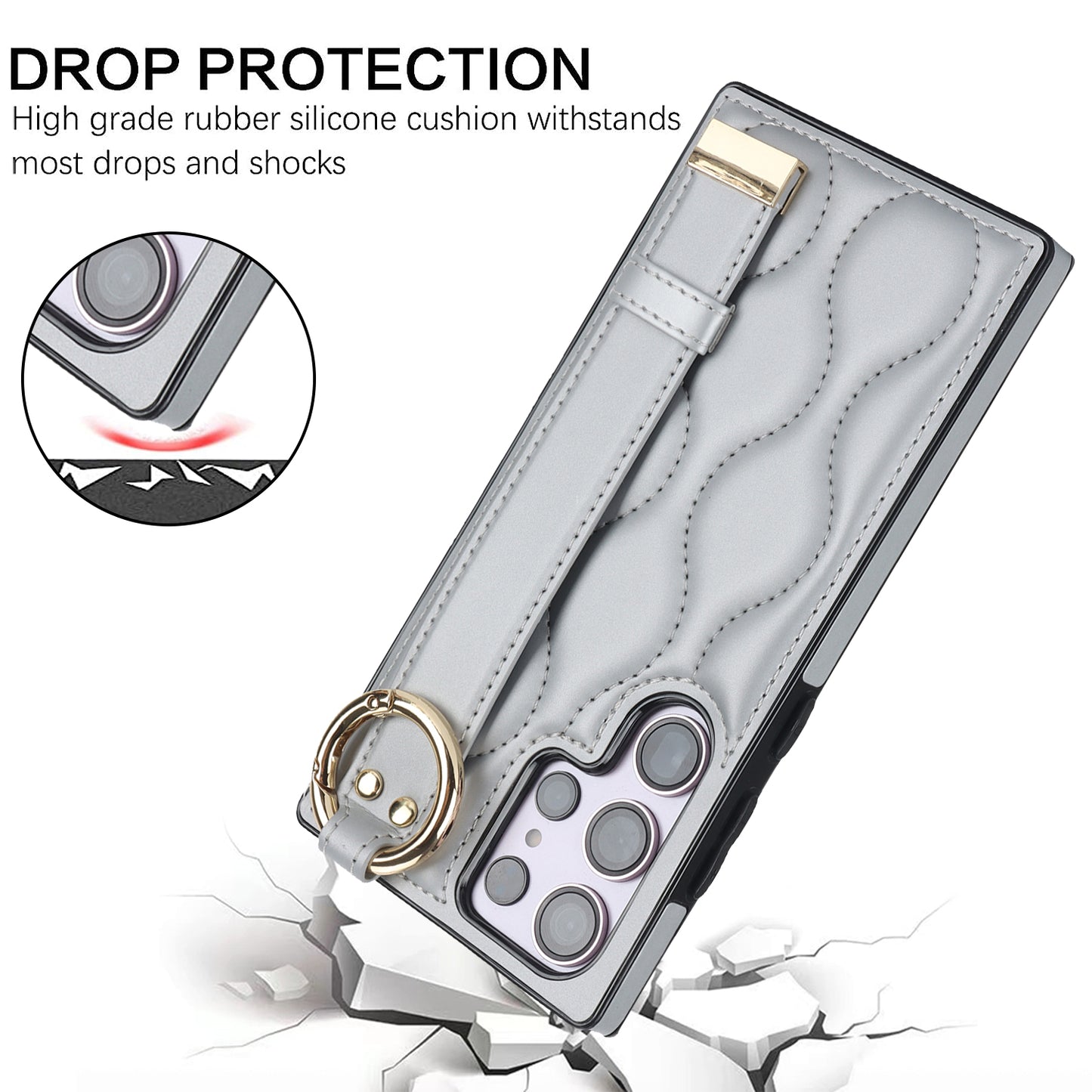 For Samsung Galaxy S24 Ultra Case Stylish Wave Pattern Leather+TPU Phone Cover with Kickstand - Silver