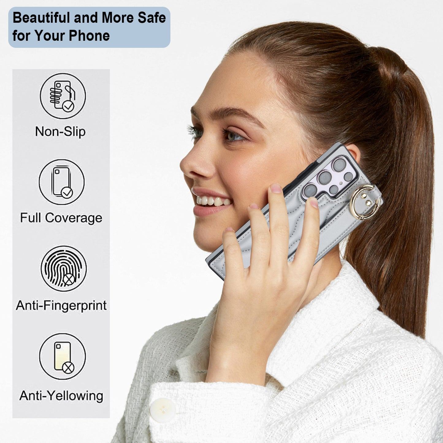 For Samsung Galaxy S24 Ultra Case Stylish Wave Pattern Leather+TPU Phone Cover with Kickstand - Silver