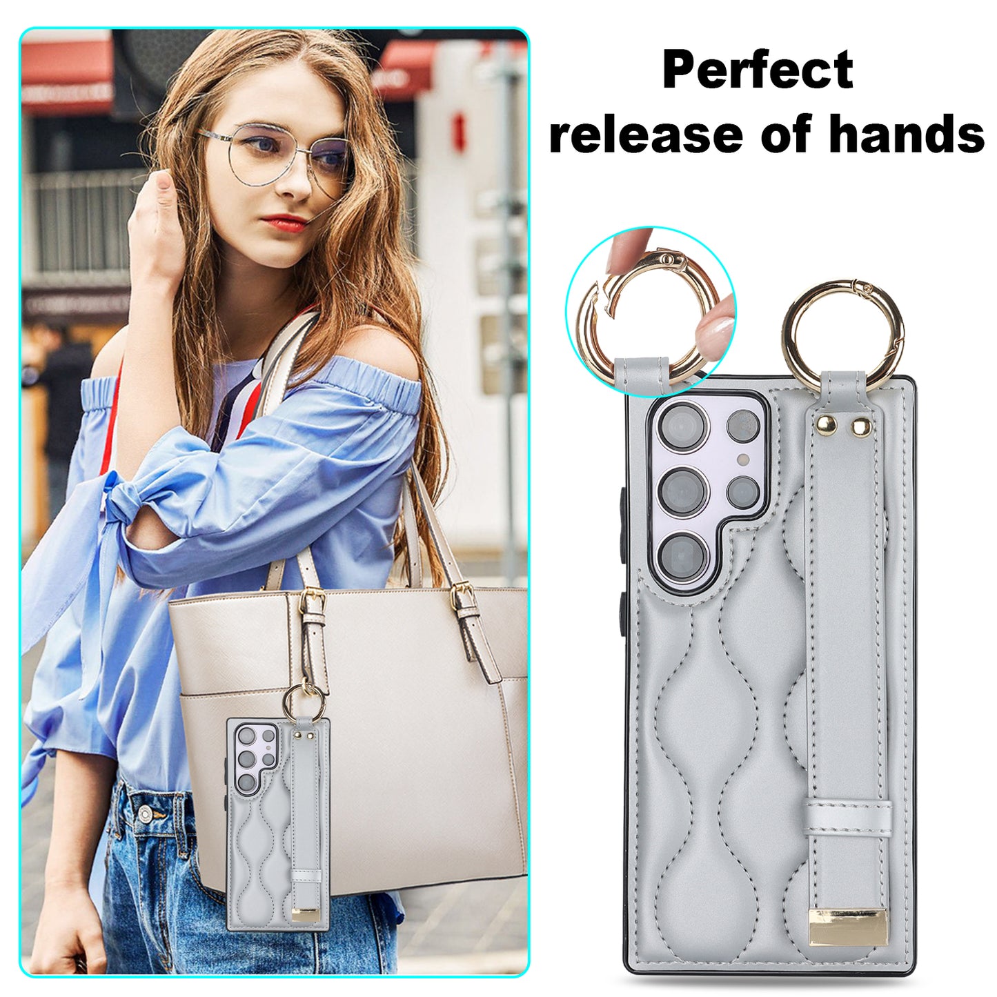 For Samsung Galaxy S24 Ultra Case Stylish Wave Pattern Leather+TPU Phone Cover with Kickstand - Silver
