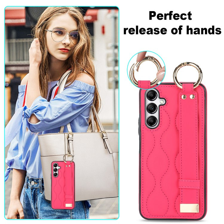 For Samsung Galaxy A14 5G / 4G Case PU Leather+TPU Wristband Kickstand Anti-fall Phone Cover - Rose