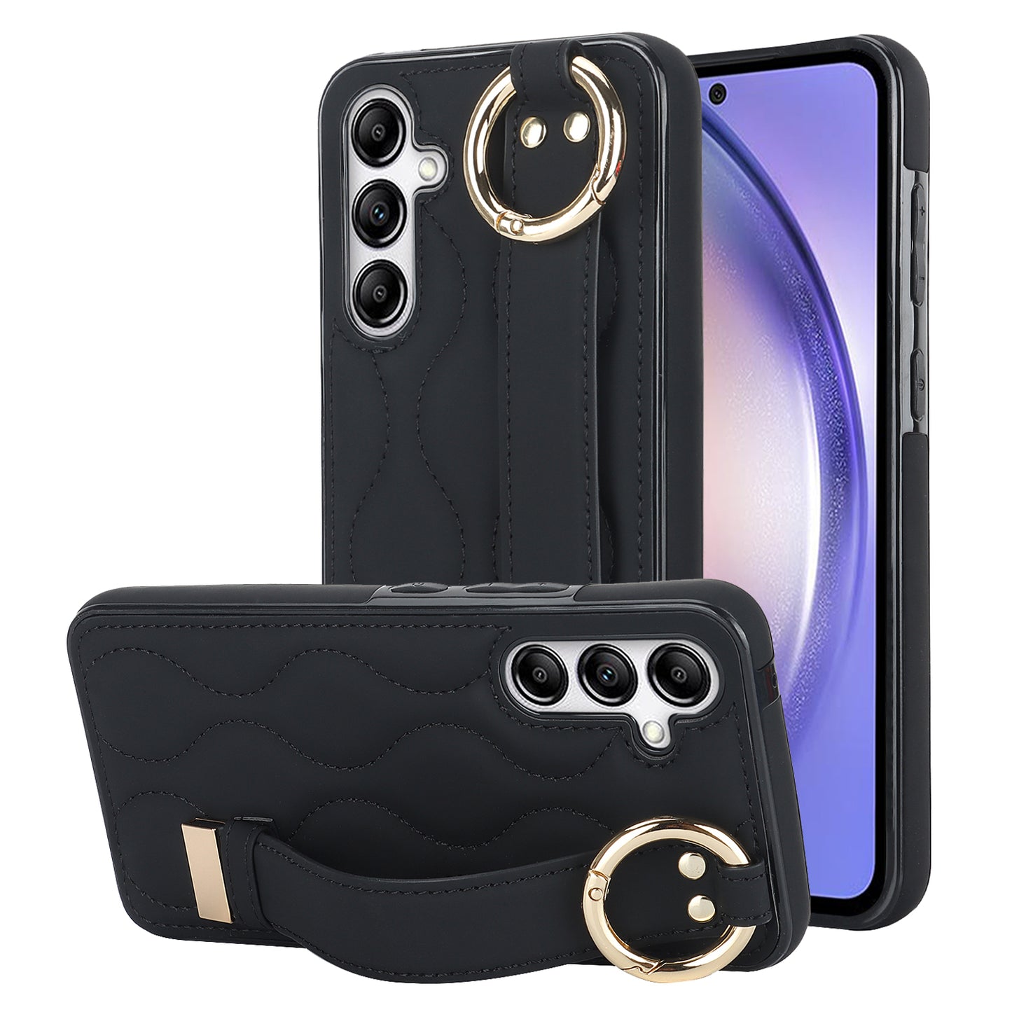 For Samsung Galaxy S24+ Cell Phone Case PU Leather+TPU Cover with Wristband - Black