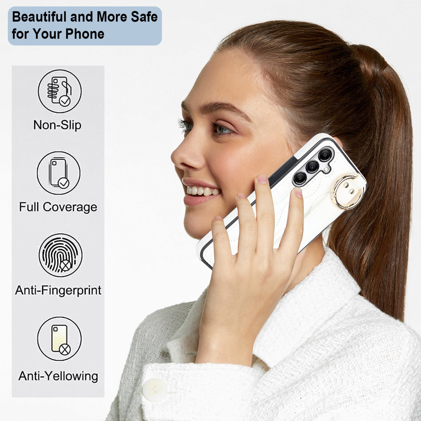 For Samsung Galaxy S24+ Cell Phone Case PU Leather+TPU Cover with Wristband - White