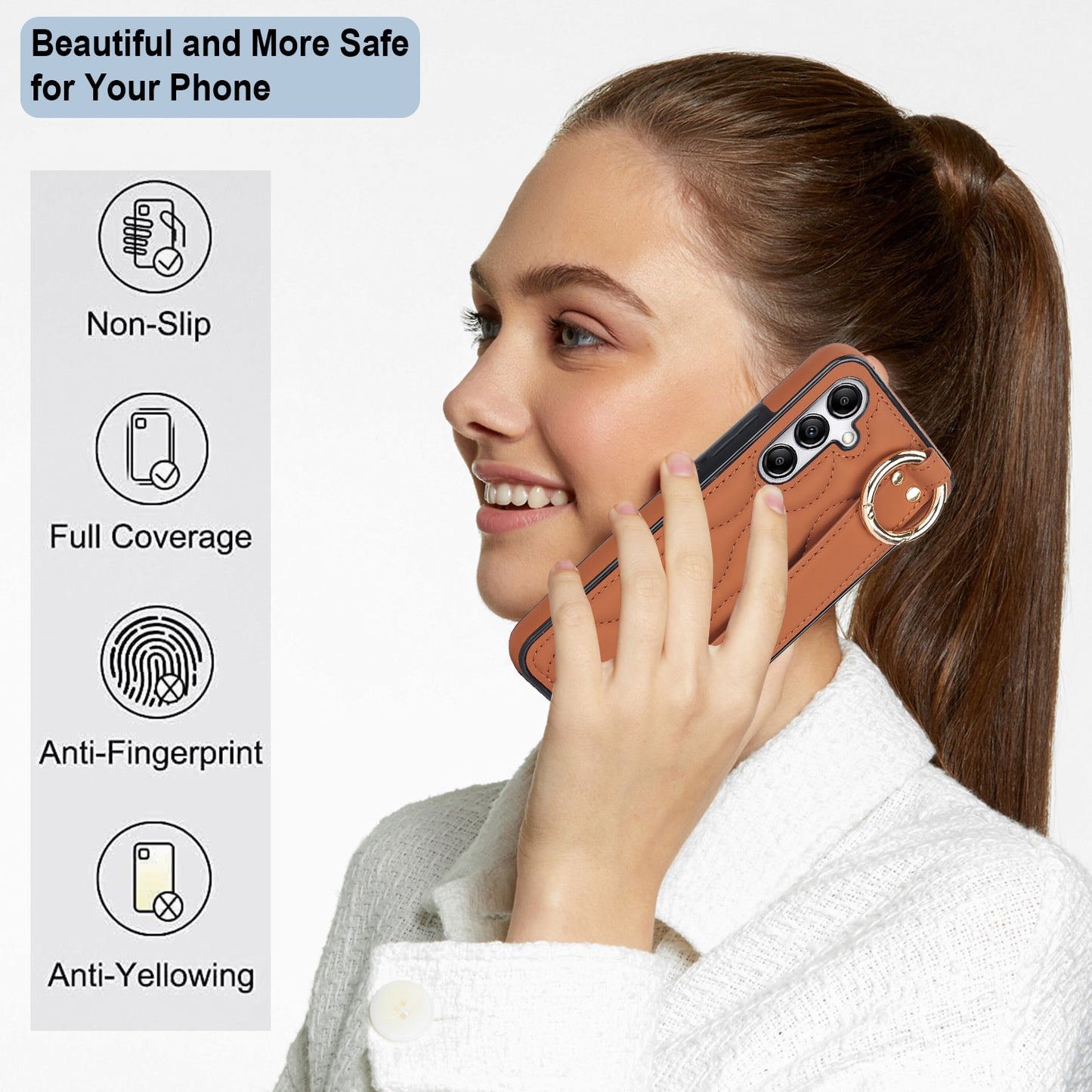 For Samsung Galaxy S24+ Cell Phone Case PU Leather+TPU Cover with Wristband - Brown